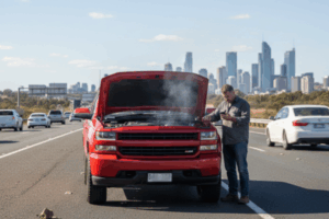 A GM Silverado 1500 owner stranded on the side of a busy Australian highway, smoke rising from the engine, looking frustrated while checking phone