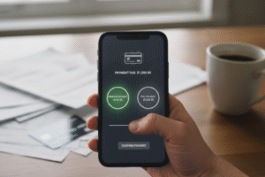 Close-up of a hand holding a smartphone in portrait orientation, making a minimum credit card payment while bills and a credit card lie on the table