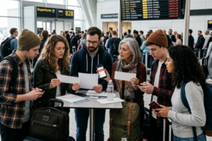 Group of travellers at an airport, looking at their phones or documents with concerned but attentive expressions, discussing or checking their rights after a flight delay or cancellation.
