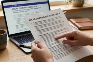 Hands holding a printed airline flight refund or charter policy, with a laptop in the background showing ACCC airline consumer protection information