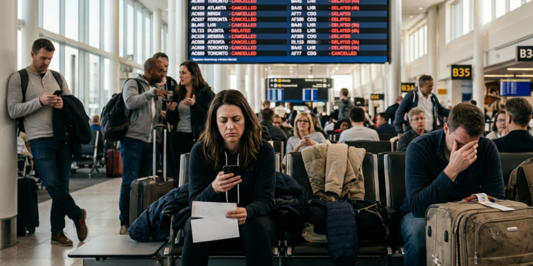 Passengers waiting in an airport terminal, frustrated by flight delays and cancellations