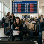 Passengers waiting in an airport terminal, frustrated by flight delays and cancellations