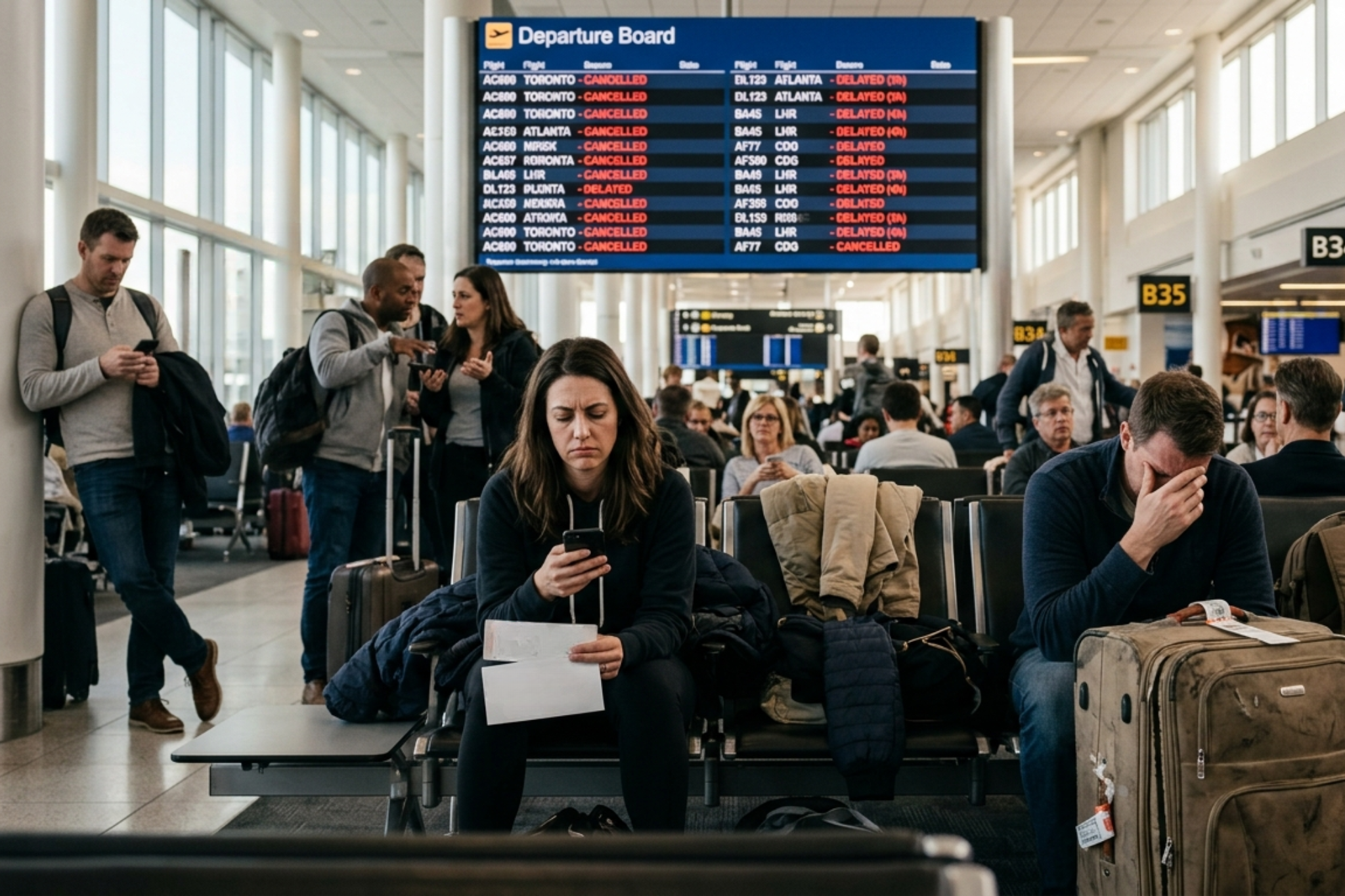 Passengers waiting in an airport terminal, frustrated by flight delays and cancellations