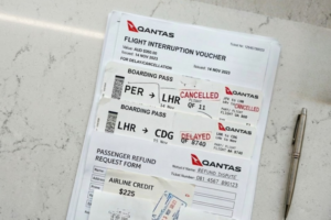 Stack of Qantas vouchers issued for flight delays, showing refunds and compensation for affected travellers