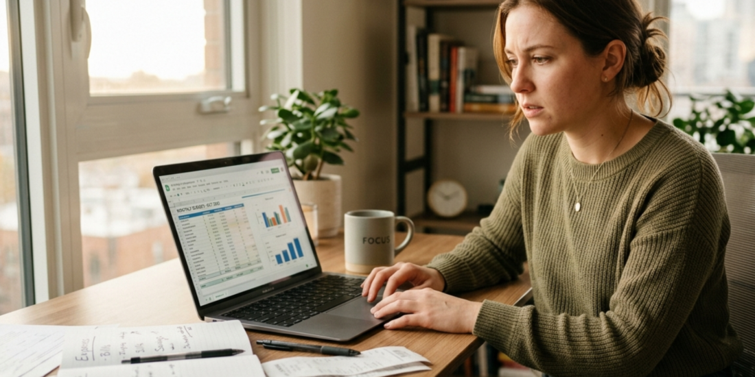 A woman sitting at a desk, looking focused and thoughtful while using a laptop to manage their loan repayments