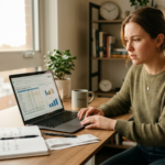 A woman sitting at a desk, looking focused and thoughtful while using a laptop to manage their loan repayments