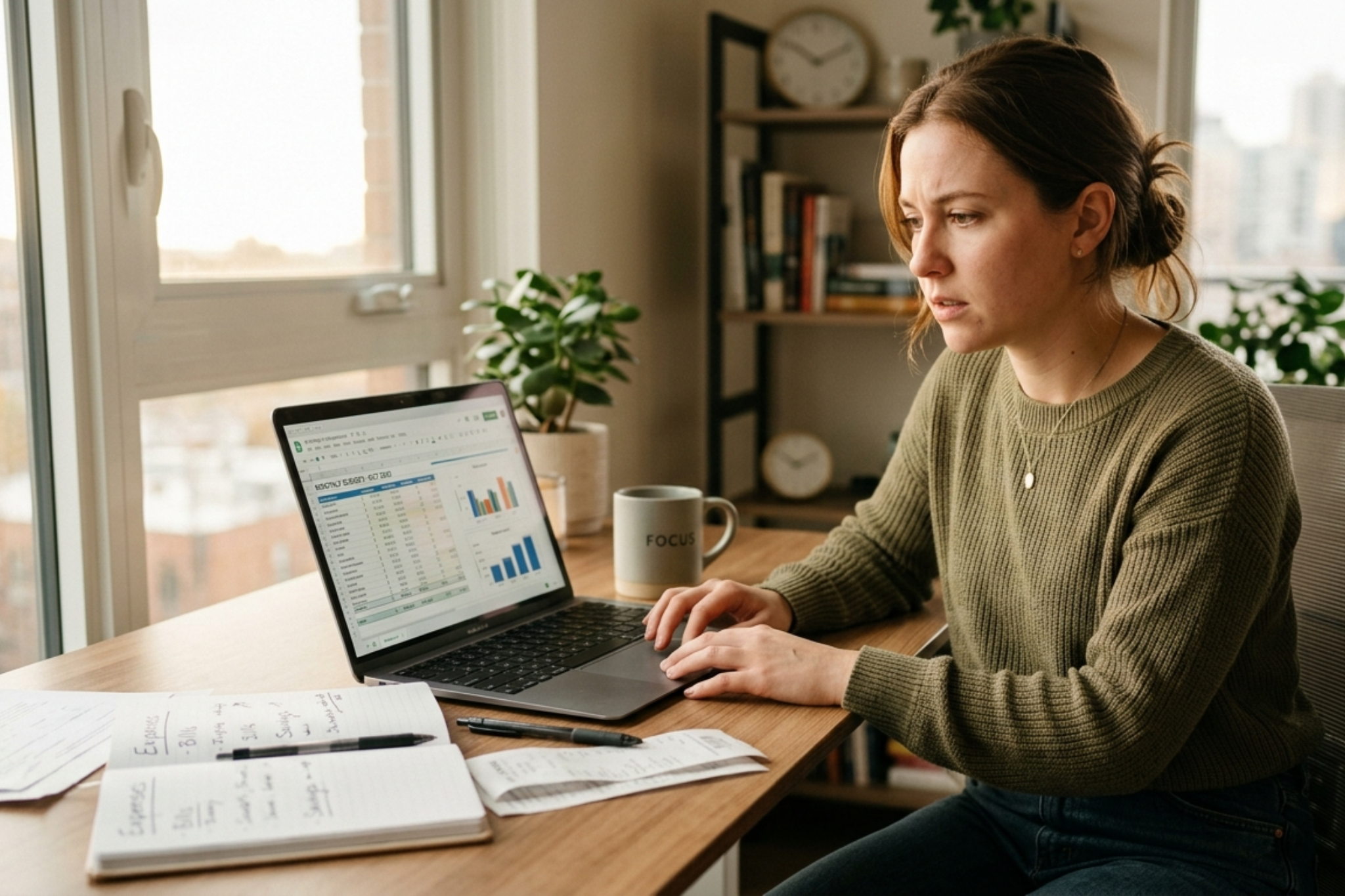 A woman sitting at a desk, looking focused and thoughtful while using a laptop to manage their loan repayments