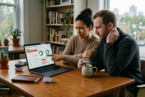 A worried couple reviewing a low-income monthly budget on a laptop, feeling the pressure of rising interest rates and loan repayments