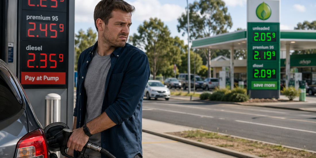 Frustrated driver refuelling at a petrol station while looking at a cheaper fuel price sign across the road