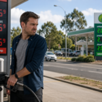 Frustrated driver refuelling at a petrol station while looking at a cheaper fuel price sign across the road