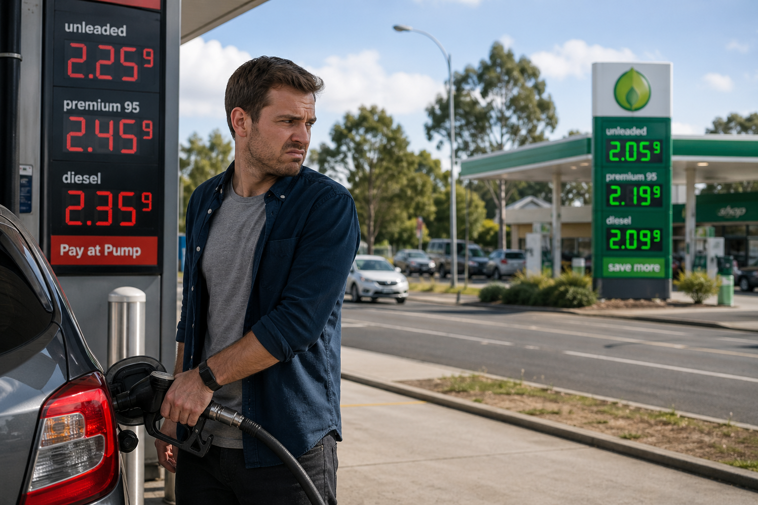 Frustrated driver refuelling at a petrol station while looking at a cheaper fuel price sign across the road