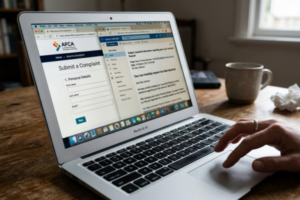 Laptop screen showing a declined loan hardship request alongside the AFCA complaints page