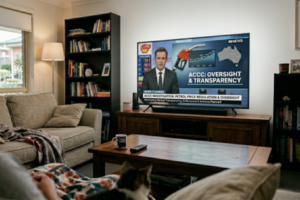POV of a person watching television in a living room, with a news report on the screen about ACCC monitoring fuel price gaps