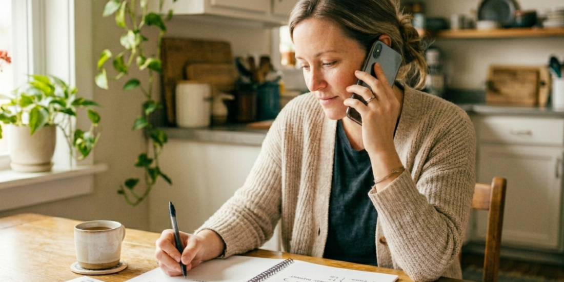 Person sitting at a kitchen table finishing a phone call with lender, holding a mobile phone and pen with notes nearby,