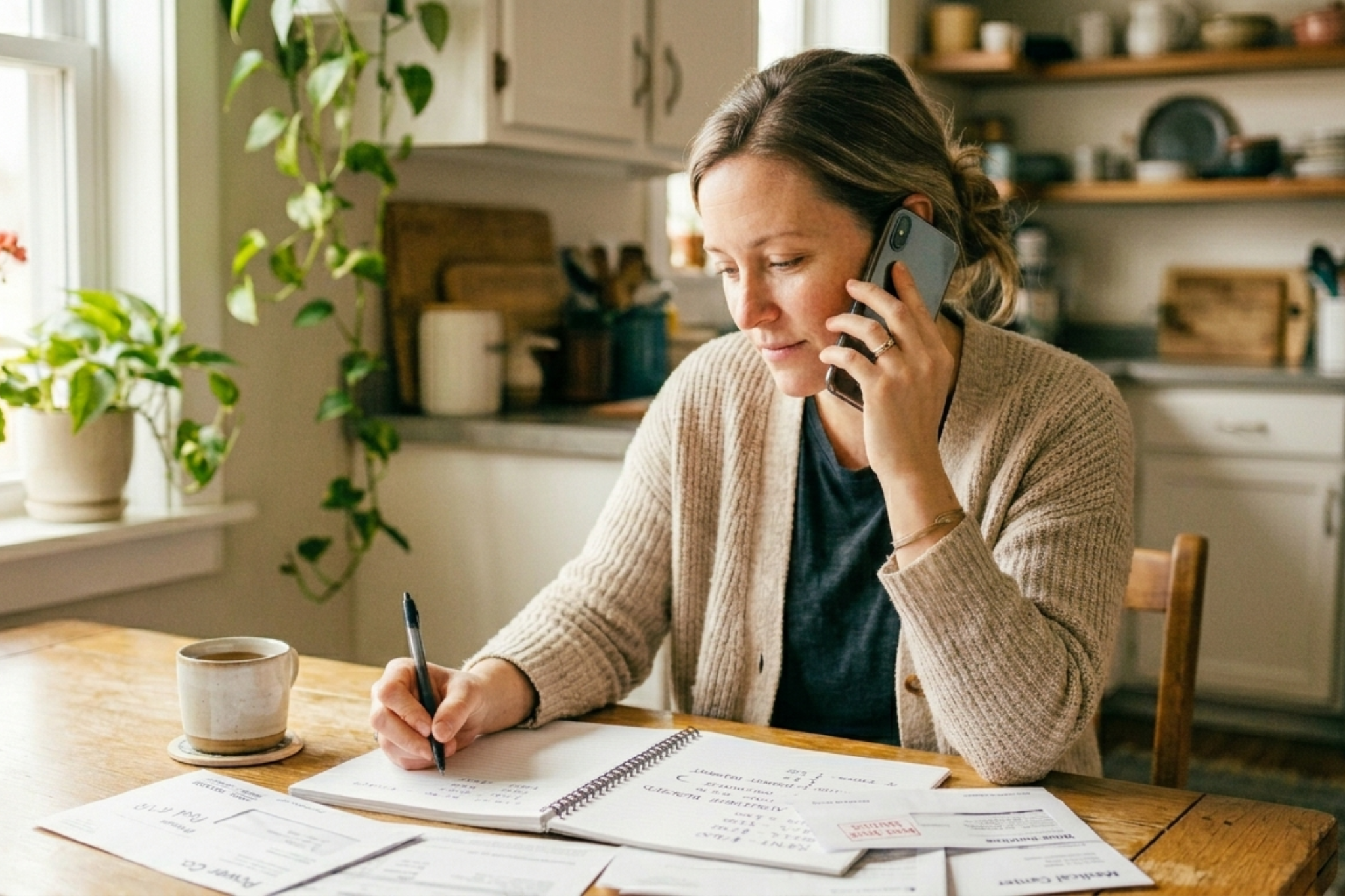 Person sitting at a kitchen table finishing a phone call with lender, holding a mobile phone and pen with notes nearby,