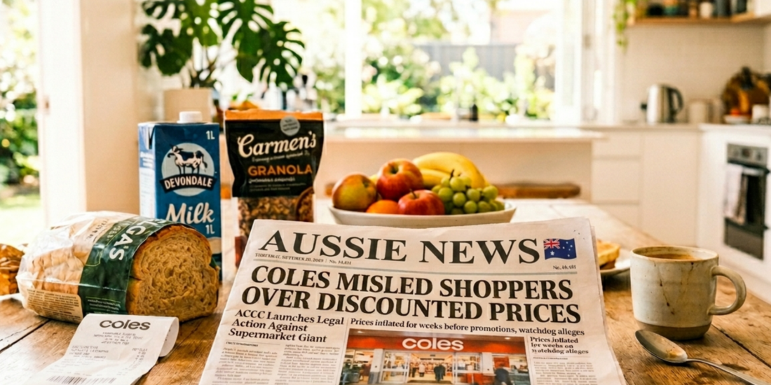 A bright kitchen table scene with groceries and a newspaper headline reading “Coles Misled Shoppers Over Discounted Prices”
