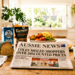 A bright kitchen table scene with groceries and a newspaper headline reading “Coles Misled Shoppers Over Discounted Prices”