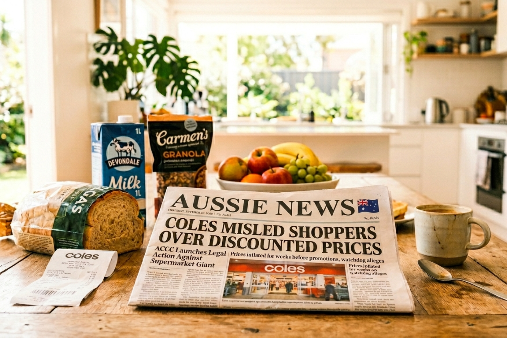 A bright kitchen table scene with groceries and a newspaper headline reading “Coles Misled Shoppers Over Discounted Prices”