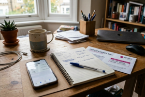 A home desk with an unpaid energy bill partially tucked under a notebook, a phone showing a call log, and a half-used pen in natural daylight.