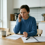 A person experiencing energy hardship at a kitchen table reviewing an energy bill while speaking on the phone, with a notebook, pen and documents on the table
