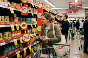 Shopper in a Coles aisle examining “50% OFF” sale tags