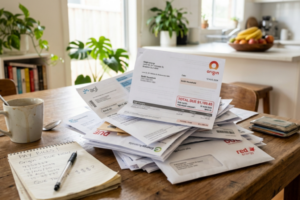 Stack of energy bills piled on a dining table in a bright home, slightly messy with overlapping pages