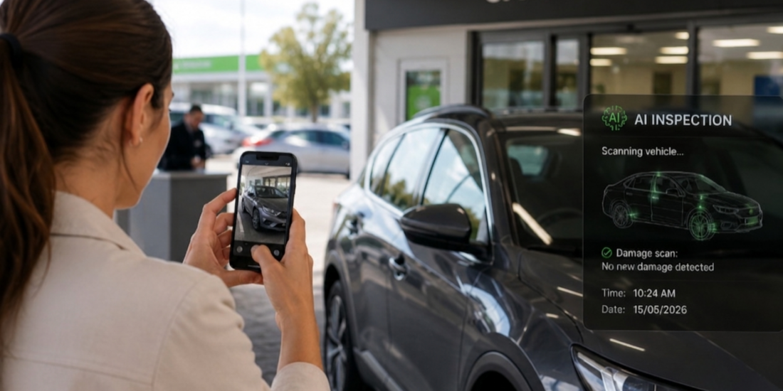 A customer takes photos of a rental car at pickup while an AI inspection scans the vehicle in the background