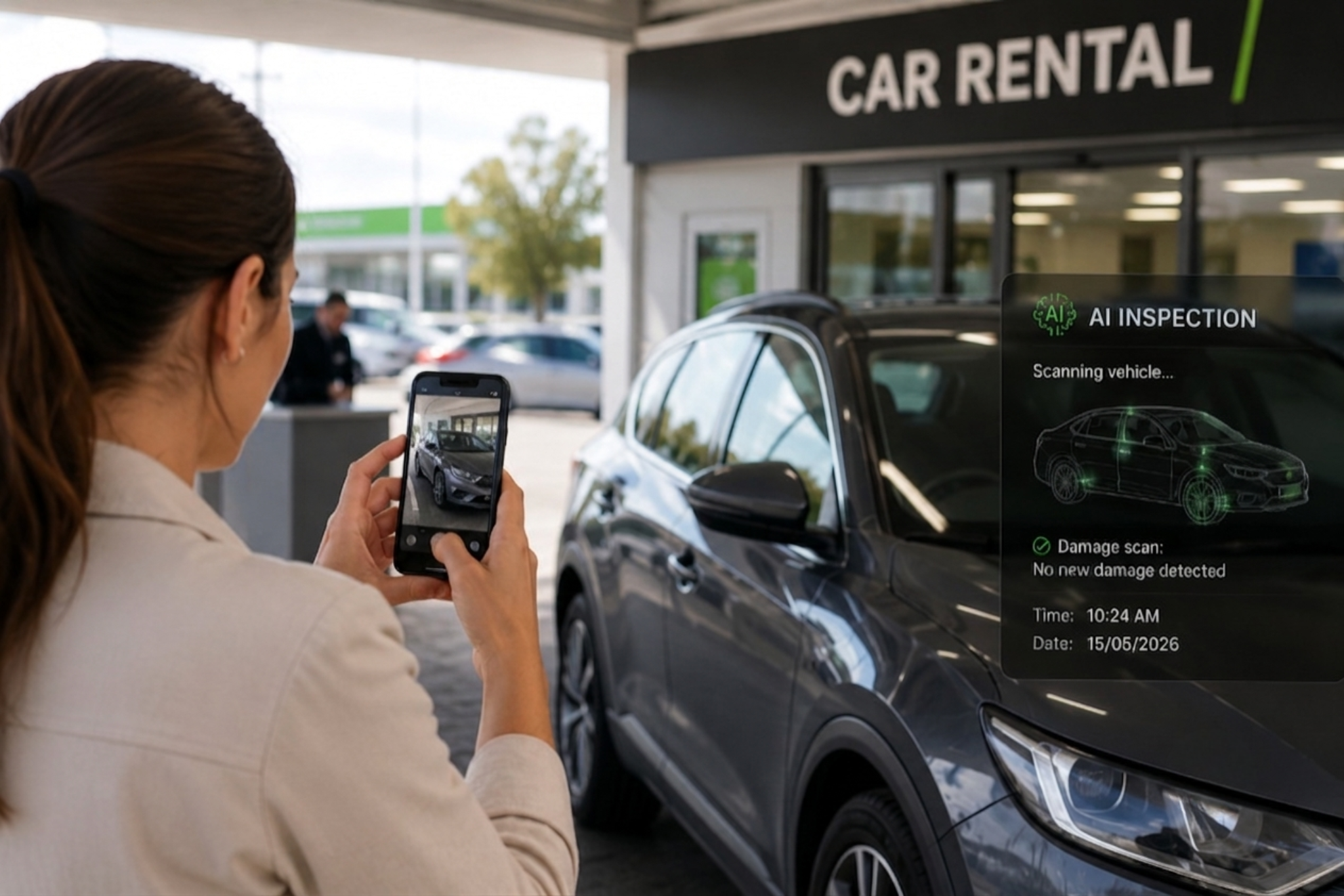 A customer takes photos of a rental car at pickup while an AI inspection scans the vehicle in the background