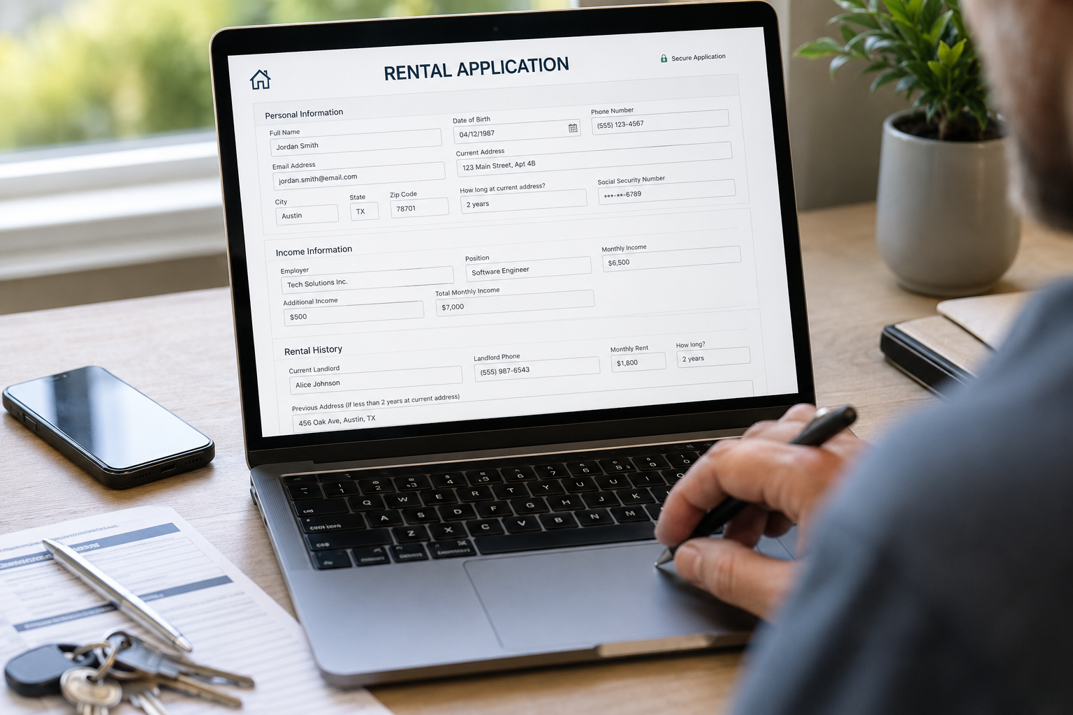 Close-up of a person filling out a rental application on a laptop, with their hand on a trackpad and a form visible on screen showing personal, income, and rental history fields.