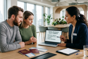 Couple discussing travel insurance policy with an advisor while reviewing details on a screen