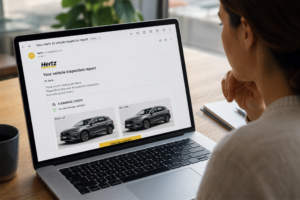 Customer reviewing an AI vehicle inspection report on a laptop after receiving a car rental damage claim