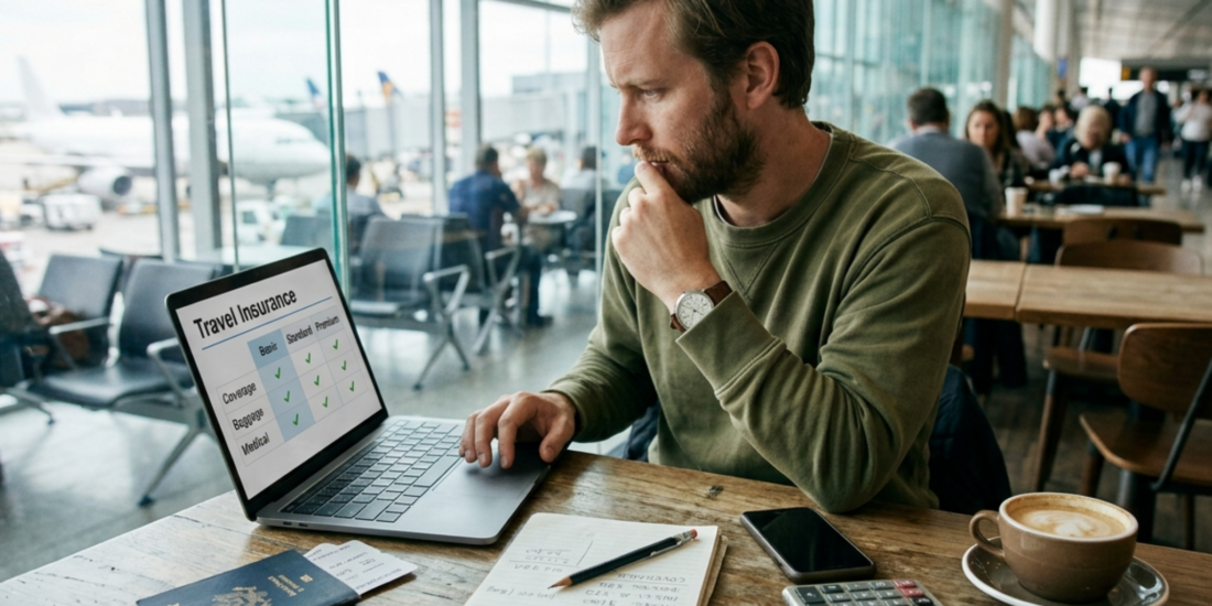 Male traveller comparing travel insurance options on a laptop while planning a trip