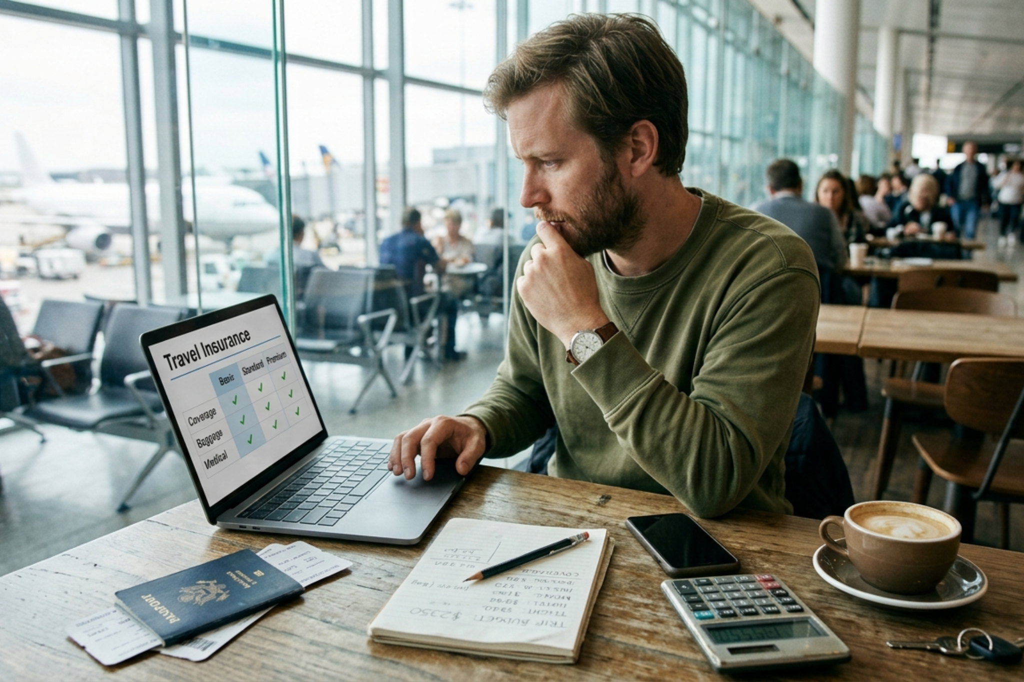 Male traveller comparing travel insurance options on a laptop while planning a trip