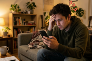 Overwhelmed young renter sitting on a couch, holding a phone with a rental application open
