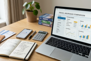 Passport, boarding passes, calculator, notebook, smartphone, and laptop displaying travel insurance options on a desk.