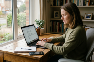 Person sitting at a desk drafting an email on a laptop, writing a message about a rental application query