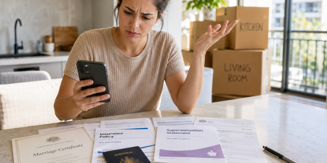 Renter reviewing a rental application on her phone with personal documents on a kitchen island, highlighting renters privacy concerns and data collection by rental apps.