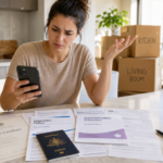 Renter reviewing a rental application on her phone with personal documents on a kitchen island, highlighting renters privacy concerns and data collection by rental apps.