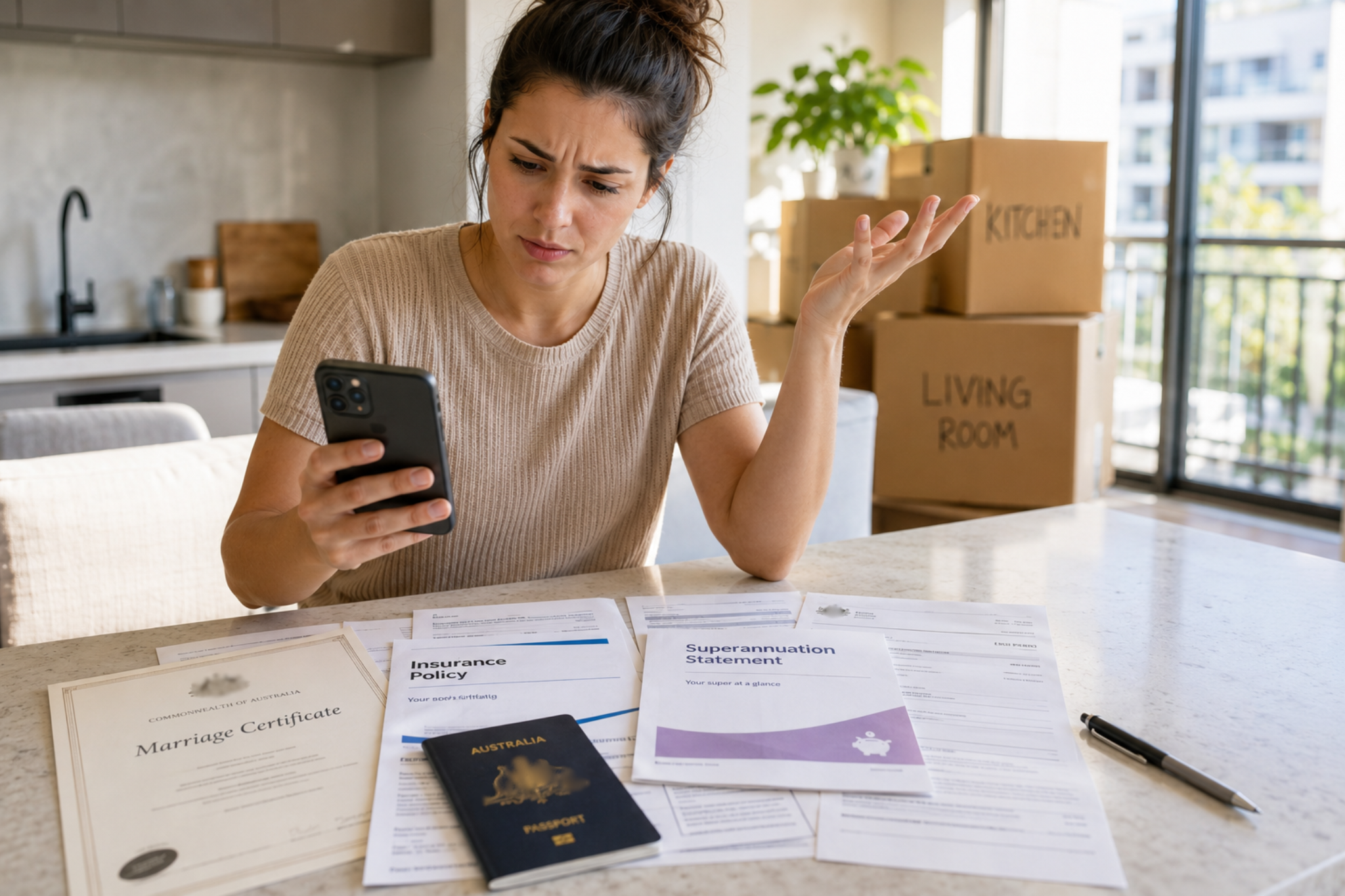 Renter reviewing a rental application on her phone with personal documents on a kitchen island, highlighting renters privacy concerns and data collection by rental apps.