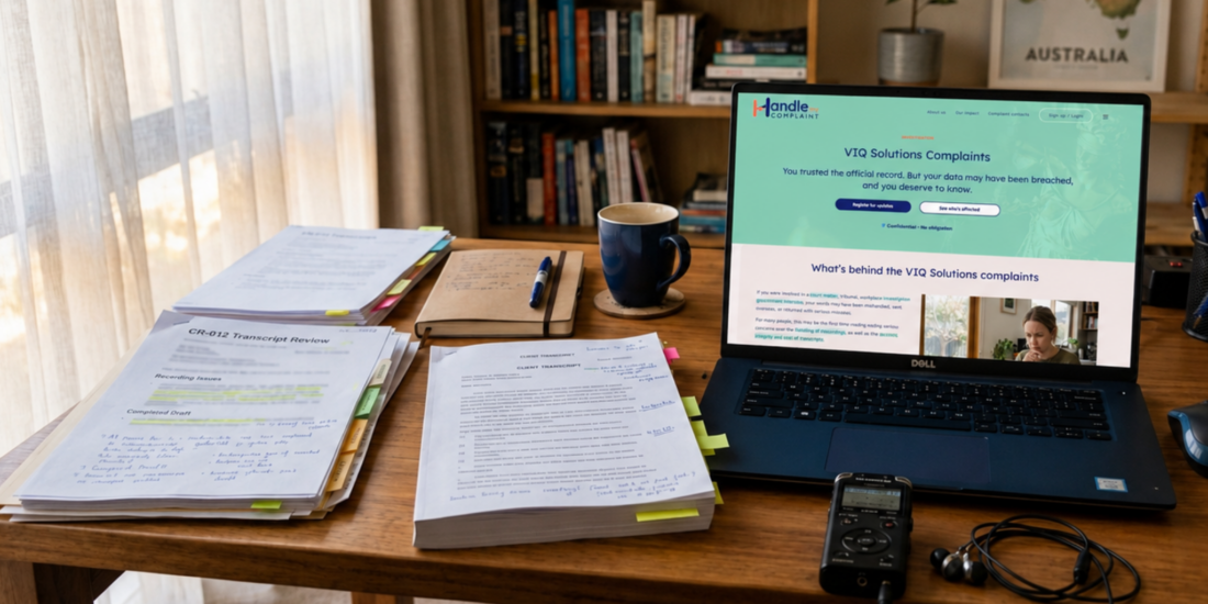 A cozy home office workspace with a wooden desk, papers, and a laptop displaying the VIQ Solutions complaints page
