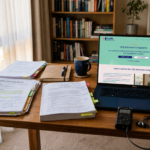A cozy home office workspace with a wooden desk, papers, and a laptop displaying the VIQ Solutions complaints page