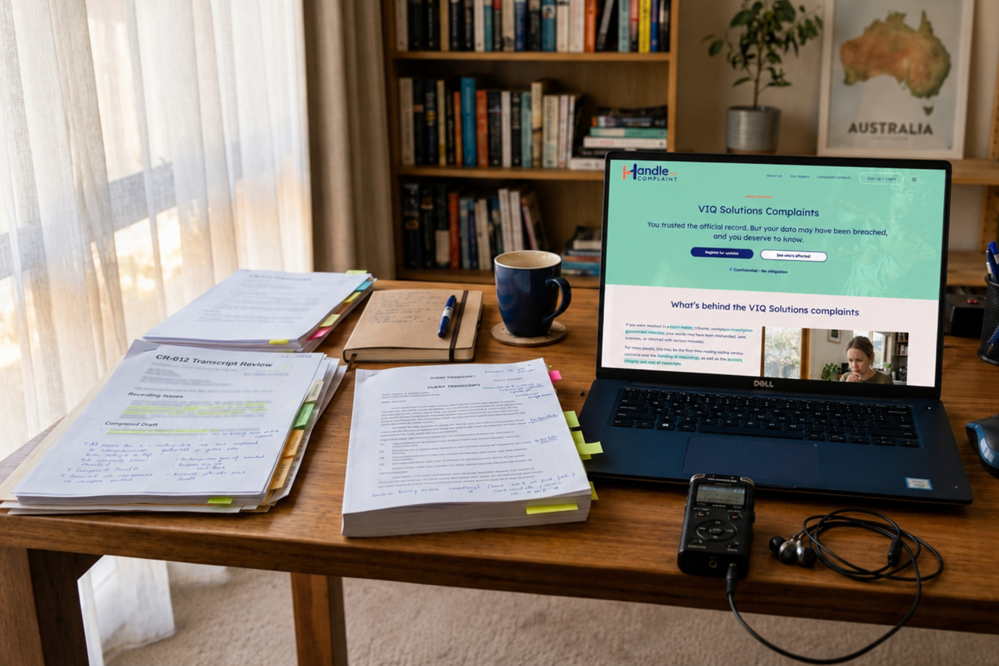 A cozy home office workspace with a wooden desk, papers, and a laptop displaying the VIQ Solutions complaints page