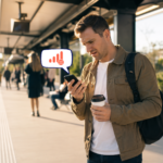 Australian commuter looking confused after a Telstra outage while waiting on a suburban train station platform