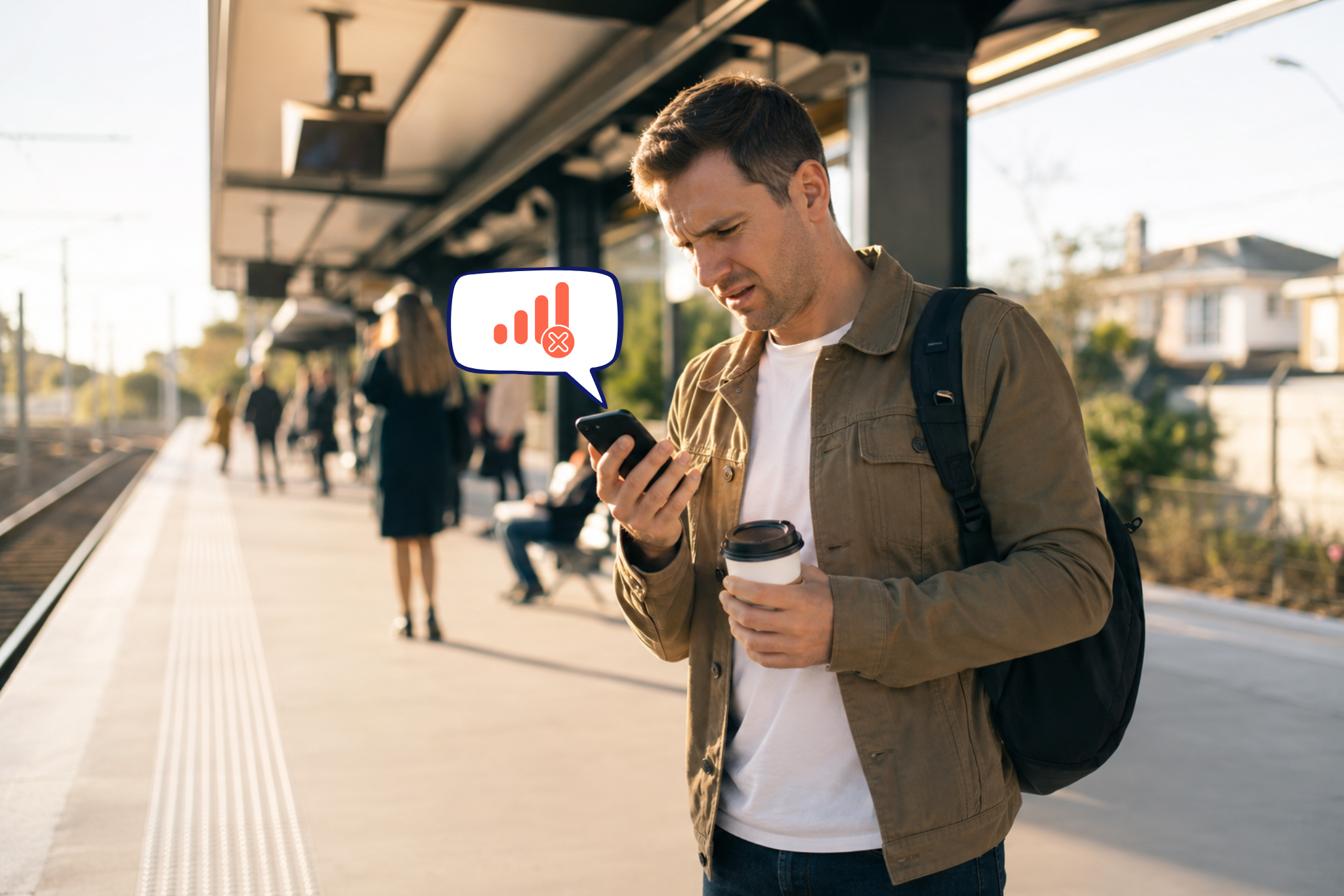 Australian commuter looking confused after a Telstra outage while waiting on a suburban train station platform