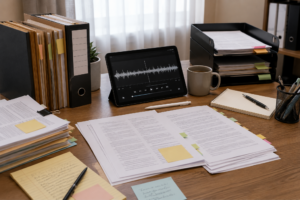 Court transcript documents and evidence files arranged beside a tablet displaying an audio recording player for reviewing transcript accuracy