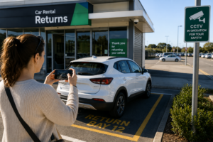 Customer documenting a rental car with a smartphone at the designated return bay before returning the keys to help protect their car hire rights