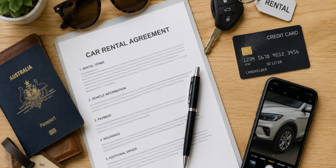 Flat lay of car rental essentials including a rental agreement, car keys, credit card, smartphone, Australian passport and sunglasses before collecting a hire car