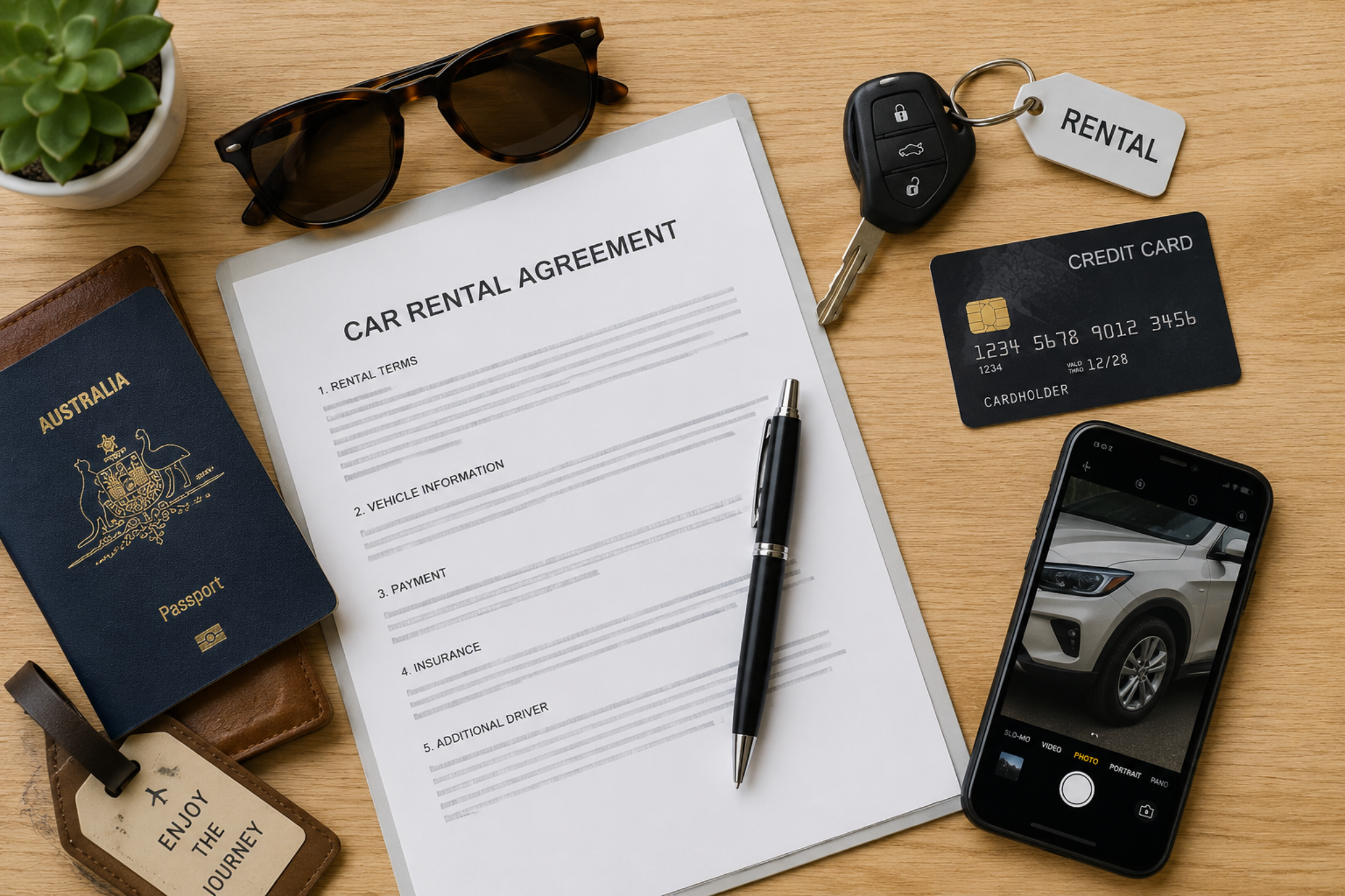 Flat lay of car rental essentials including a rental agreement, car keys, credit card, smartphone, Australian passport and sunglasses before collecting a hire car