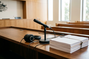 Illustration of courtroom recording equipment and transcript documents representing VIQ Solutions' court recording and transcription services