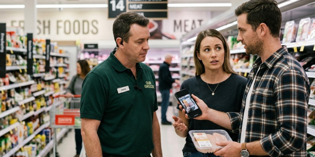Australian couple raising a food safety concern with a supermarket staff member, showing a food product and smartphone in a supermarket aisle